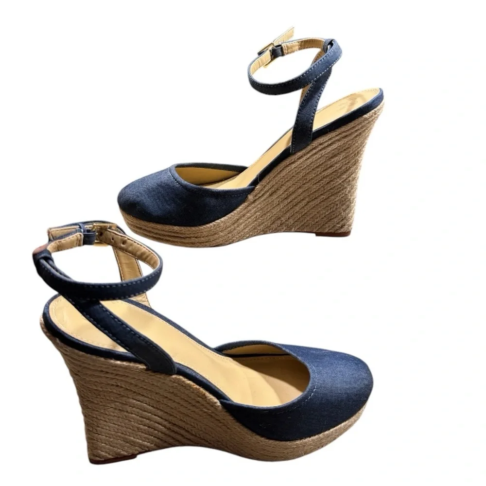 EUC Victoria's Secret ESPADRILLE NAVY CANVAS ANKLE STRAP WEDGE SANDAL …